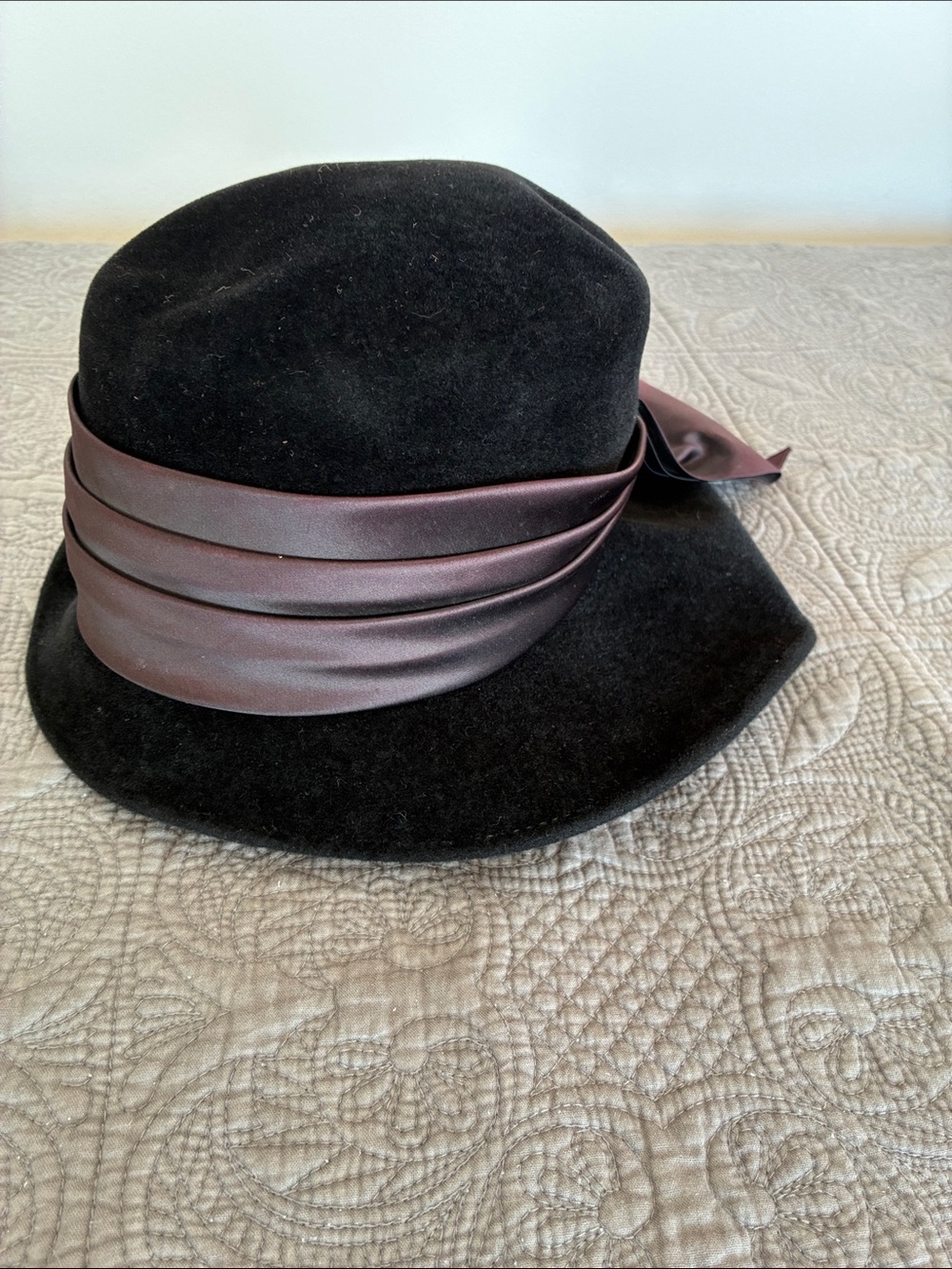 Classic Black Felt Cloche vintage Hat with faded Satin Band